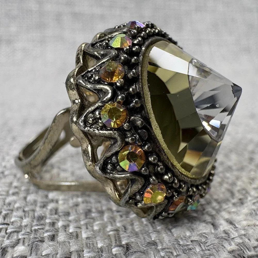 Vintage Style Large Yellow Glass Statement Ring AB Rhinestones Antique Gold Tone
